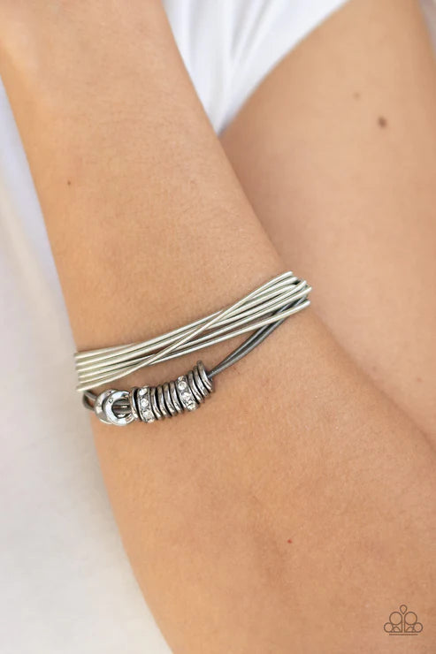 Magnetically Metro - Multi (Gunmetal/Silver) Disc/Ring Encrusted Spring Slide-Along Magnetic Bracelet B#4373