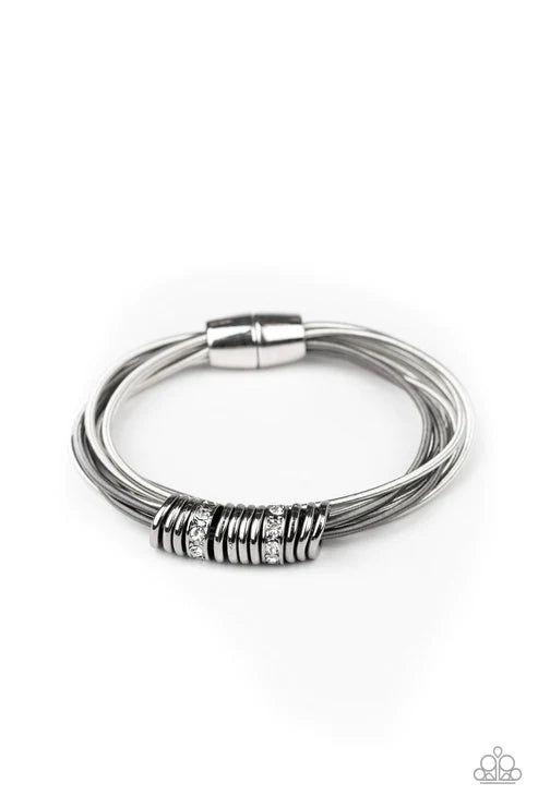 Magnetically Metro - Multi (Gunmetal/Silver) Disc/Ring Encrusted Spring Slide-Along Magnetic Bracelet B#4373