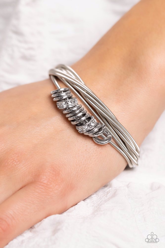 Magnetically Metro - White Disc/Ring Encrusted Spring Slide-Along Magnetic Bracelet B#2092