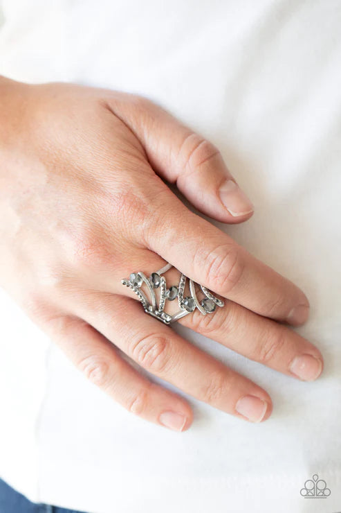 Majestic Marvel - Oversized Silver Smoky Hematite Oval Nestled Encrusted Ring R#5985