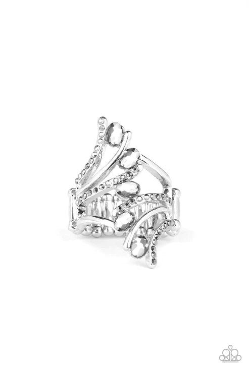 Majestic Marvel - Oversized Silver Smoky Hematite Oval Nestled Encrusted Ring R#5985