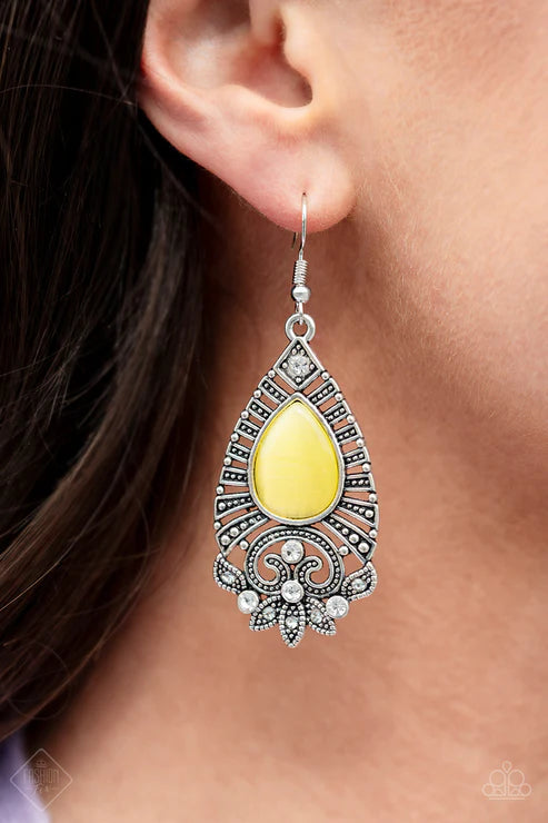 Majestically Malibu - Oversized Yellow Cat's Eye Moonstone Encrusted Teardrop Earrings E#2875