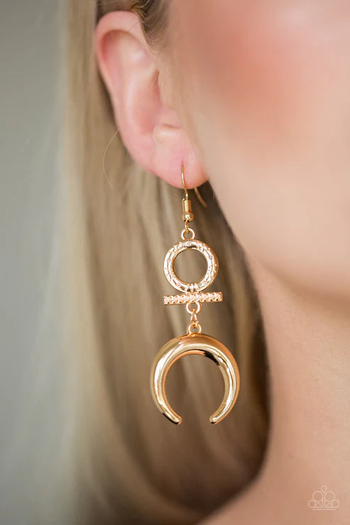 Majestically Moon Child - Gold Geometric Tribal Crescent Earrings E#6372