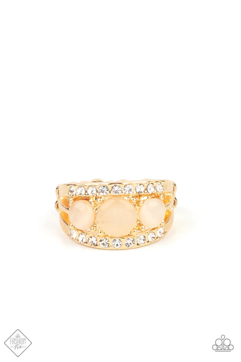 Majestically Mythic - Gold Trio Round Champagne Cat’s Eye Moonstones gold Pronged Fittings Encrusted Coalescing Elegantly Layered Ring R#7354