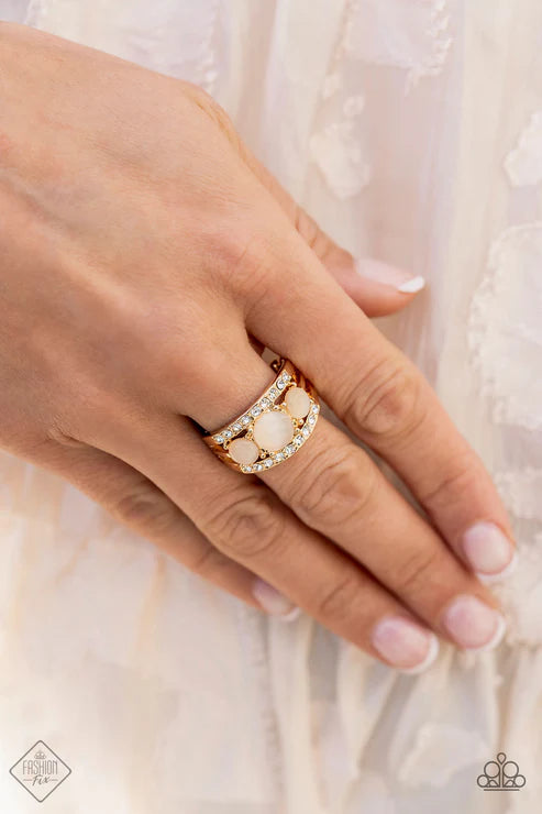 Majestically Mythic - Gold Trio Round Champagne Cat’s Eye Moonstones gold Pronged Fittings Encrusted Coalescing Elegantly Layered Ring R#7354