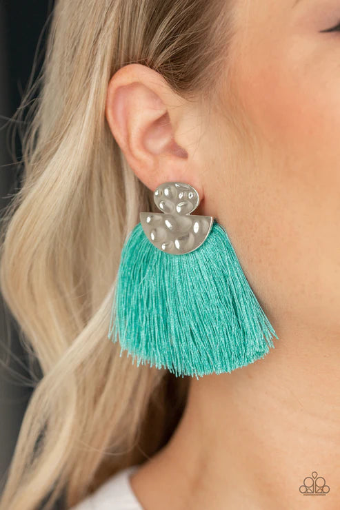 Make Some PLUME - Oversized Blue Hammered Oval Half-Moon Coalesce Flared Out Fringe Lure Earrings E#2710
