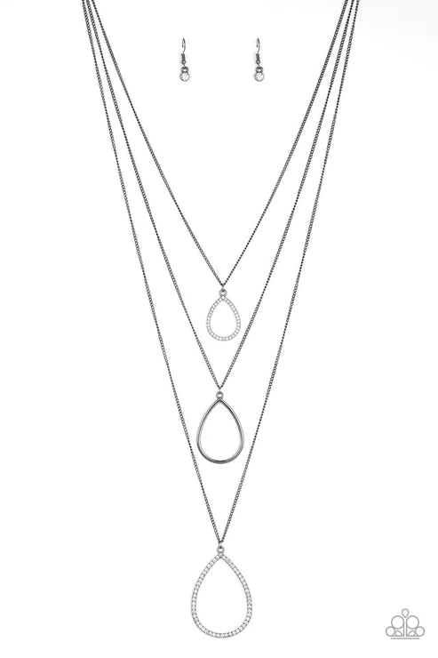 Make The World Sparkle - Oversized Black/Gunmetal Trio Encrusted "Swing" Teardrop Necklace N#3646