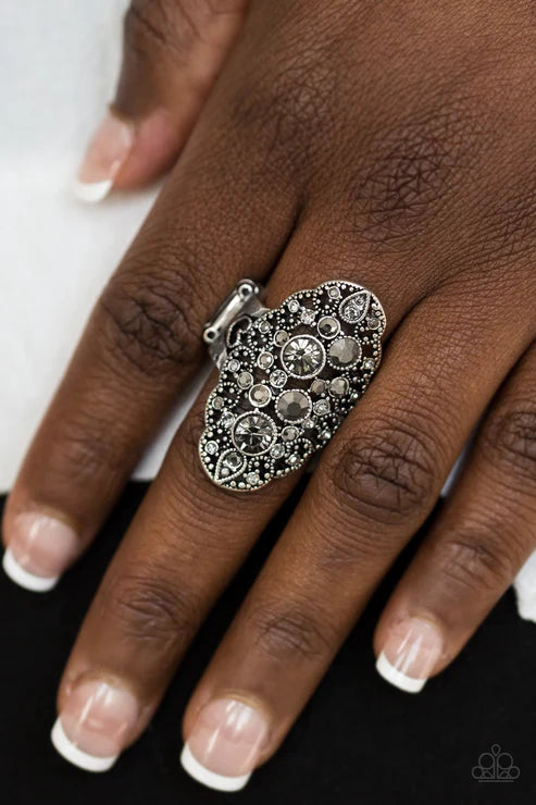 Make Your Own Fairytale - Oversized Smoky Silver/Hematite Encrusted Filigree Vine Backdrop Ring R#5932