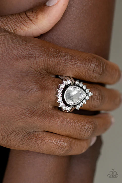 Make Your TRADEMARK - Oversized White Floating Illusion Fan Out Encrusted Teardrop Ring R#5894