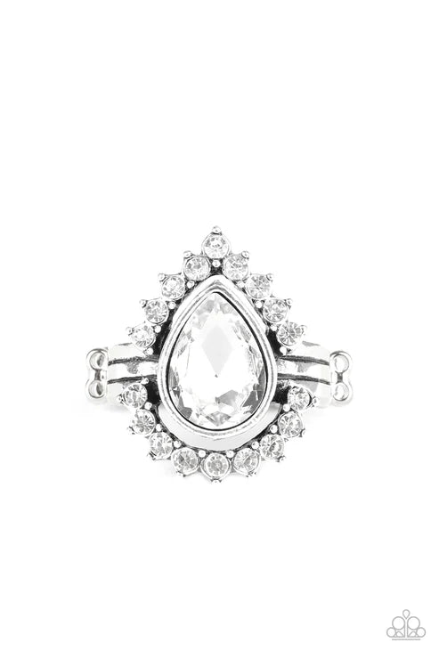 Make Your TRADEMARK - Oversized White Floating Illusion Fan Out Encrusted Teardrop Ring R#5894