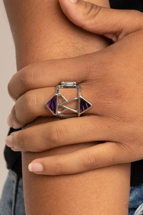 Making Me Edgy - Oversized Purple Airy Abstract Stenciled Geometric Duo Triangular Flank Ring R#5662