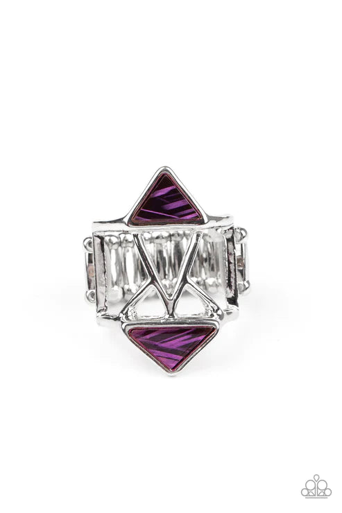 Making Me Edgy - Oversized Purple Airy Abstract Stenciled Geometric Duo Triangular Flank Ring R#5662