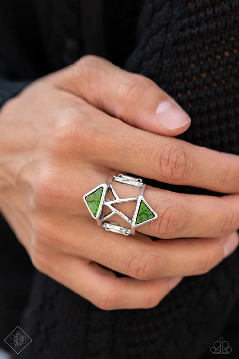 Making Me Edgy - Oversized Green Airy Abstract Stenciled Geometric Duo Triangular Flank Ring R#7224