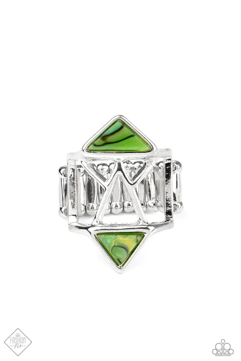 Making Me Edgy - Oversized Green Airy Abstract Stenciled Geometric Duo Triangular Flank Ring R#7224