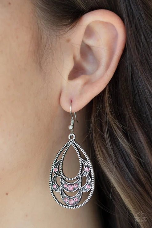 Malibu Macrame - Oversized Pink Dotted/Studded Encrusted Layered Petal Teardrop Earrings E#6127