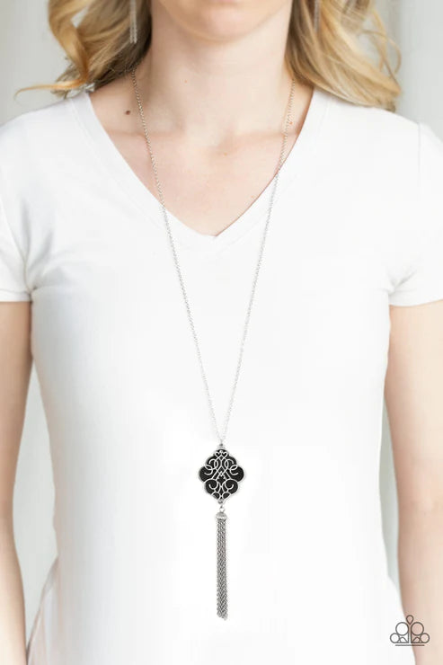 Malibu Mandala - Black Filigree Swirl Tassel Necklace N#3126