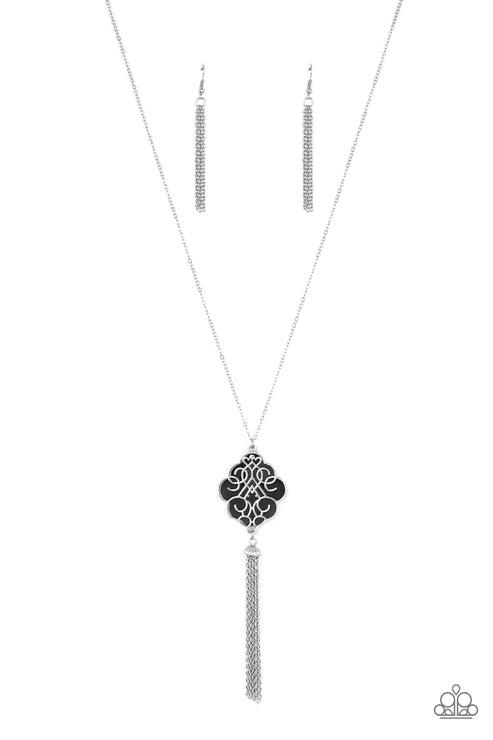 Malibu Mandala - Black Filigree Swirl Tassel Necklace N#3126