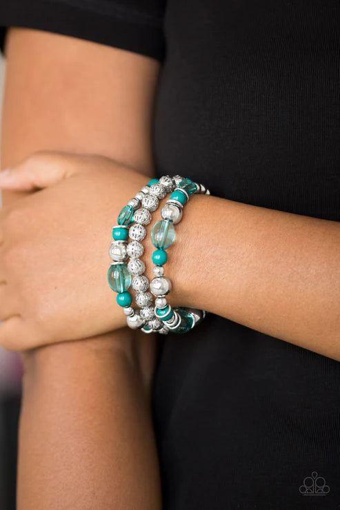 Malibu Marina - Green/Arcadia/Silver Mismatched Glassy/Polished Accent Bracelet Stack B#4716