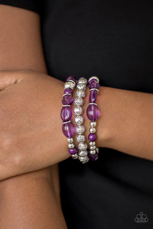 Malibu Marina - Purple/Silver Mismatched Glassy/Polished Accent Bracelet Stack B#6342