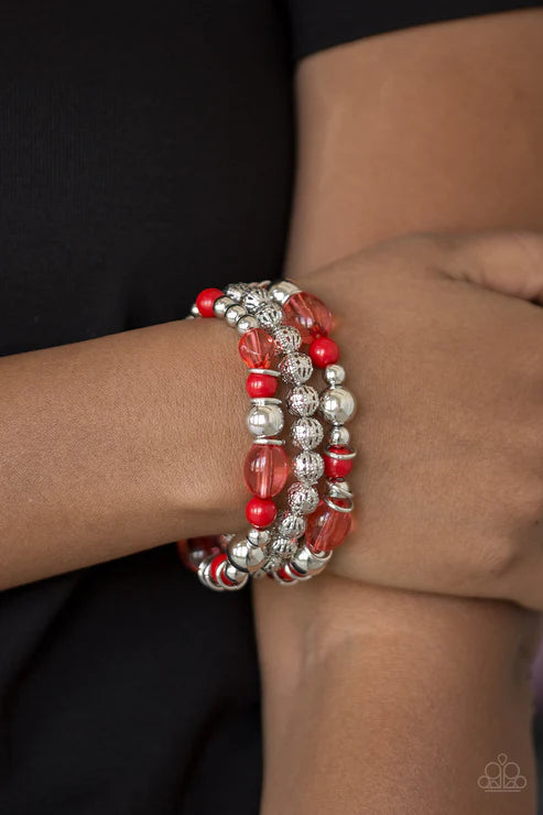 Malibu Marina - Red/Silver Mismatched Glassy/Polished Accent Bracelet Stack B#3399