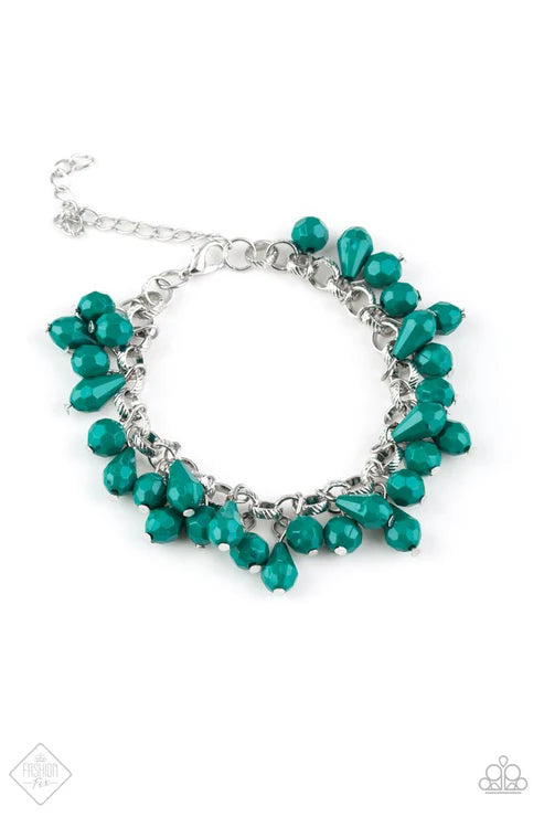 Malibu Masquerade - Green (Quetzal) Round/Teardrop Shapes Clusters Faceted Fringe Bracelet B#6385