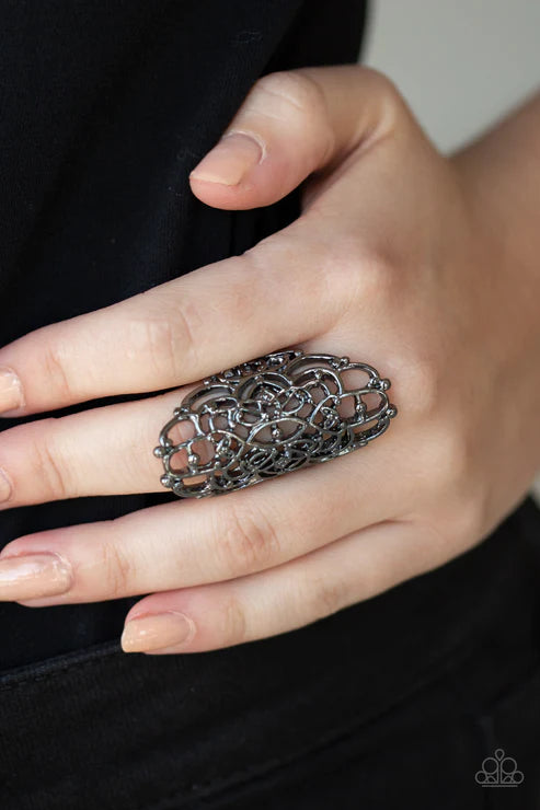 Mandala Magic - Oversized Black Dotted/Studded Airy 3D Mandala Filigree Swirl Ring R#5433