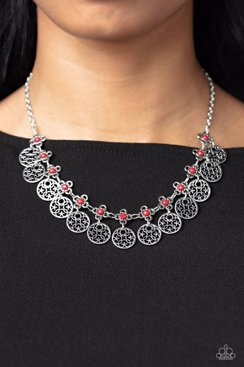 Mandala Movement - Red/Silver Mandala Fringe Necklace N#3748