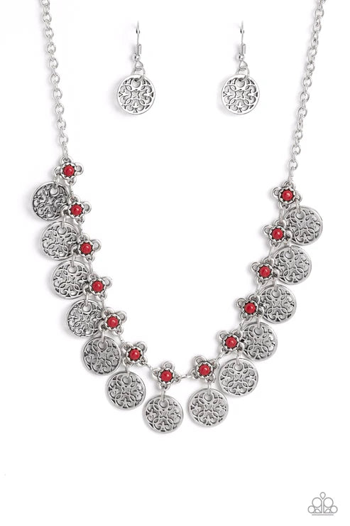 Mandala Movement - Red/Silver Mandala Fringe Necklace N#3748