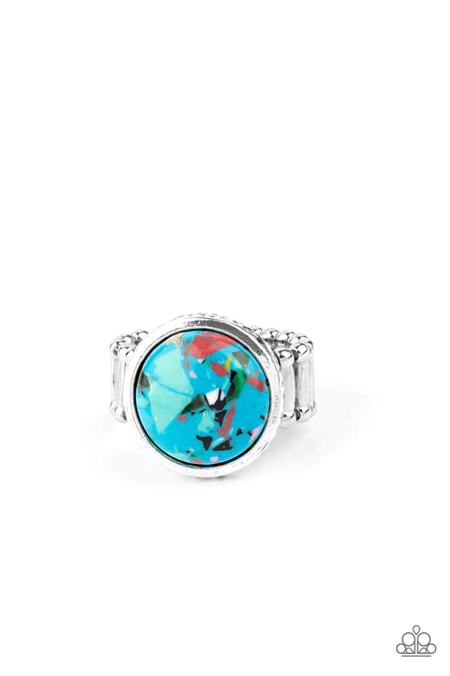 Marble Mosaic - Blue Speckled Confetti Marble Hammered Ring R#4432