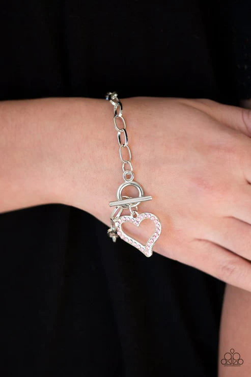 March To A Different HEARTBEAT - Oversized Pink 3D Heart Charm Encrusted Tiffany Clasp Bracelet B#6165