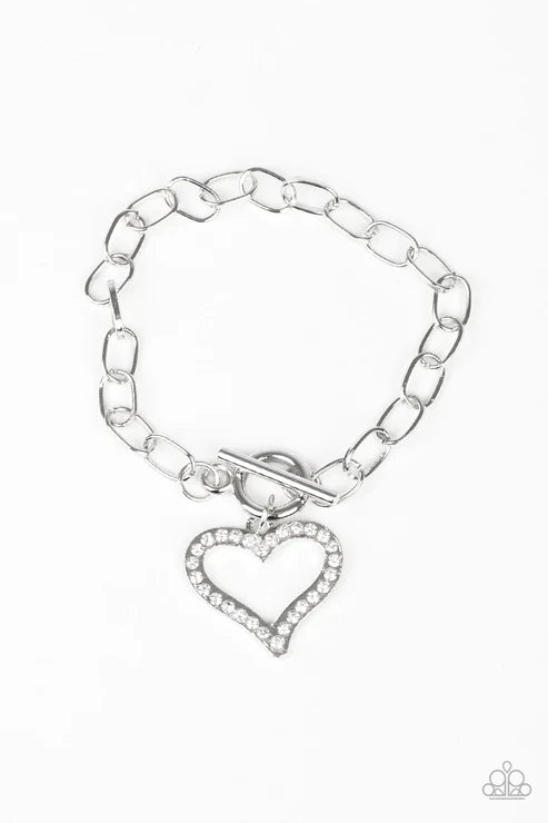 March To A Different HEARTBEAT - Oversized White 3D Heart Charm Encrusted Tiffany Clasp Bracelet B#5148
