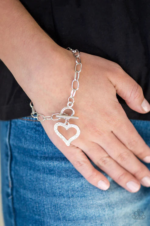 March To A Different HEARTBEAT - Oversized White 3D Heart Charm Encrusted Tiffany Clasp Bracelet B#5148