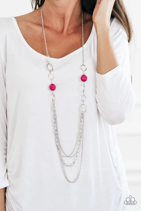 Margarita Masquerades - Pink Faceted Granita Mismatched Hammered Hoop/Chains Necklace N#4576