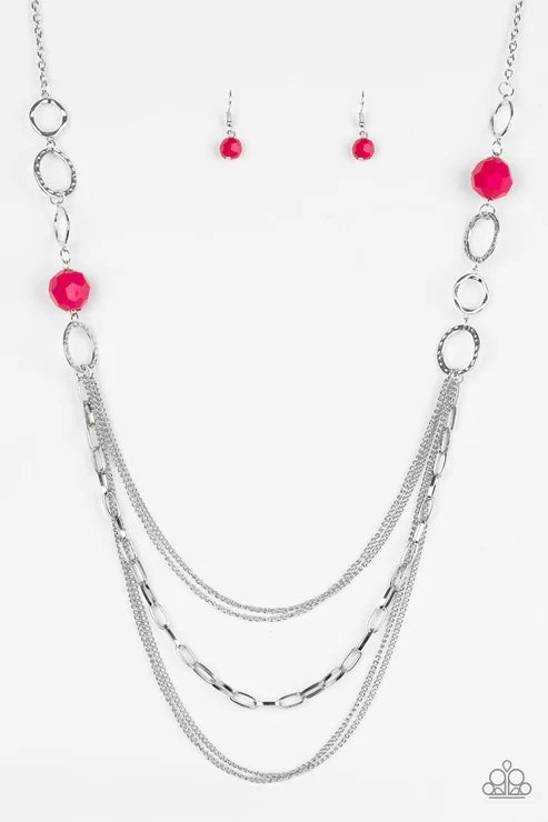 Margarita Masquerades - Pink Faceted Granita Mismatched Hammered Hoop/Chains Necklace N#4576