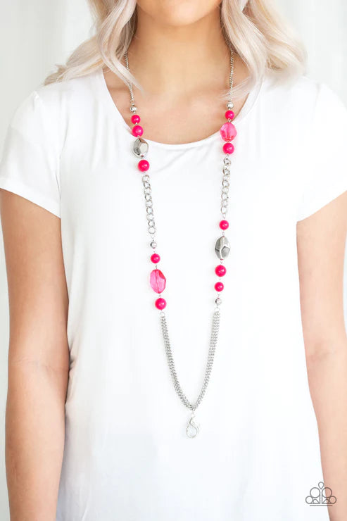 Marina Majesty - Pink/Silver Faceted Crystal Lanyard Necklace N#4574