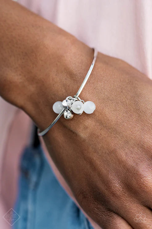 Marine Melody - White Cat's Eye Moonstone Encrusted Slide Along Wire Hinged Bangle Bracelet B#6942