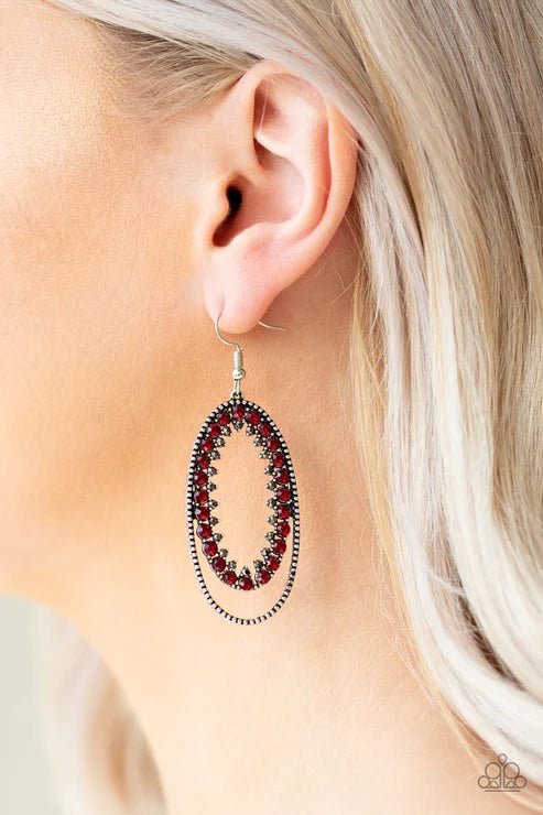 Marry Into Money - Oversized Red Ringed Studded Silver Frame Glittery Red/Hematite Encrusted Lure Refined Flair Earrings E#5071