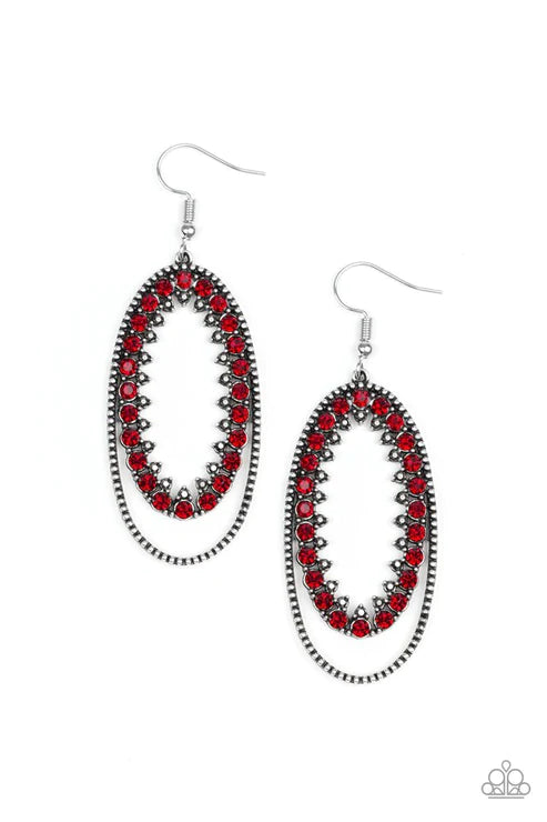 Marry Into Money - Oversized Red Ringed Studded Silver Frame Glittery Red/Hematite Encrusted Lure Refined Flair Earrings E#5071