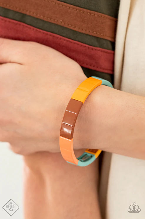Material Movement - Multi (Pantone Shades Cerulean/Rust/Marigold/Burnt Coral) Painted Metal Rectangles Bracelet B#5690