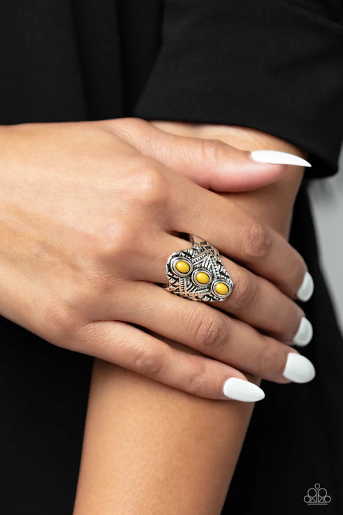 Mayan Motif - Yellow Geometric Trio Embossed Shimmer Tribal Ring R#6563