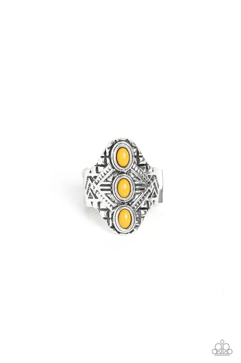 Mayan Motif - Yellow Geometric Trio Embossed Shimmer Tribal Ring R#6563
