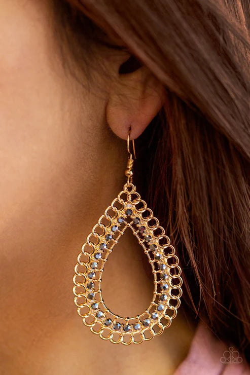 Mechanical Marvel - Oversized Gold Hematite Encrusted Chain Link Teardrop Earrings E#7196