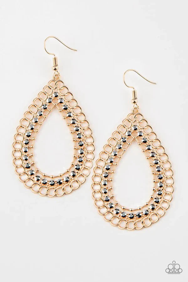 Mechanical Marvel - Oversized Gold Hematite Encrusted Chain Link Teardrop Earrings E#7196