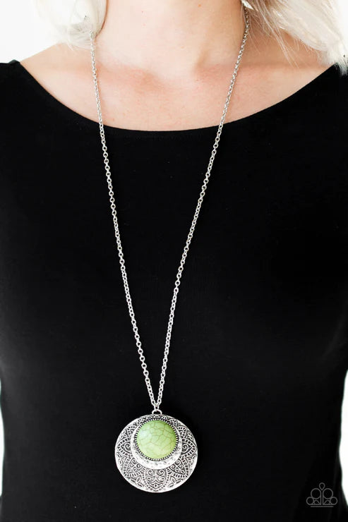 Medallion Meadow - Green Stone Medallion Floral Hammered Tribal Necklace N#3923