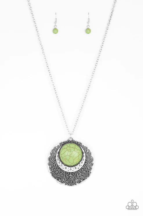 Medallion Meadow - Green Stone Medallion Floral Hammered Tribal Necklace N#3923