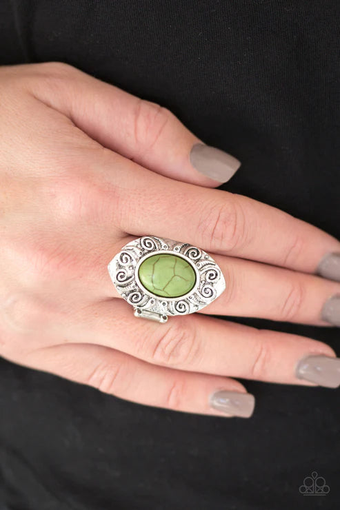 Mega Mother Nature - Oversized Green Artisan Embossed Swirl Stone Ring R#5870