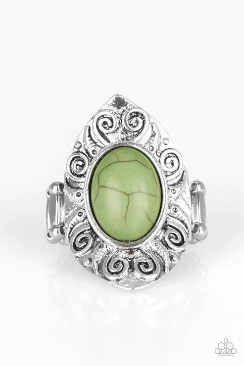 Mega Mother Nature - Oversized Green Artisan Embossed Swirl Stone Ring R#5870