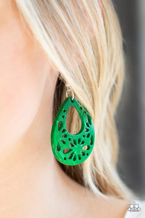 Merrily Marooned - Green Airy Stenciled Distressed Wood Earrings E#4489