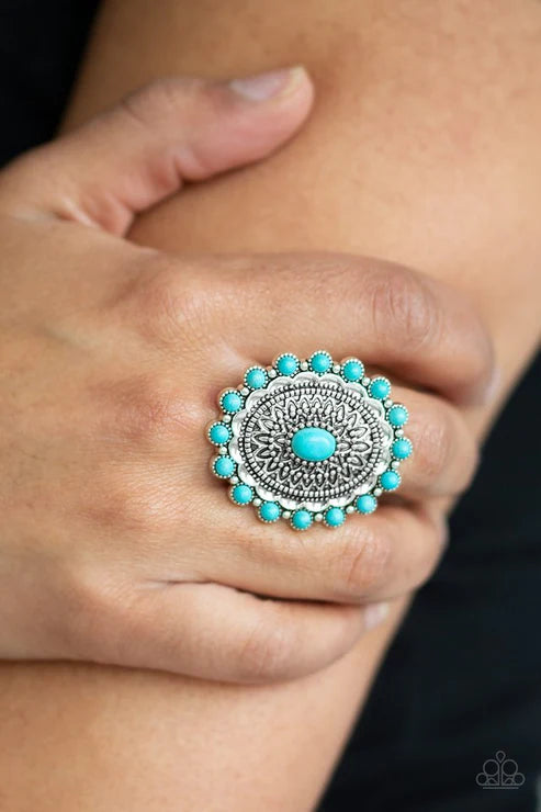 Mesa Mandala - Oversized Blue Embossed Dotted Dizzying Floral Stone Accent Ring R#5533