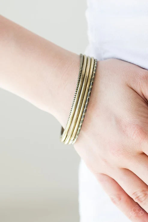 Mesa Mix - Brass Mismatched Smooth/Serrated/Scratched Textured Bangle Bracelet Stack B#4678